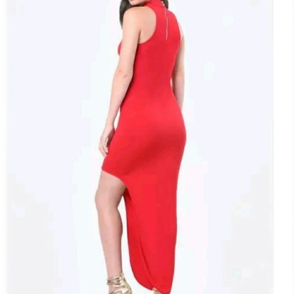 BEBE Sexy Maxi Mock Neck Asymmetrical Red Dress